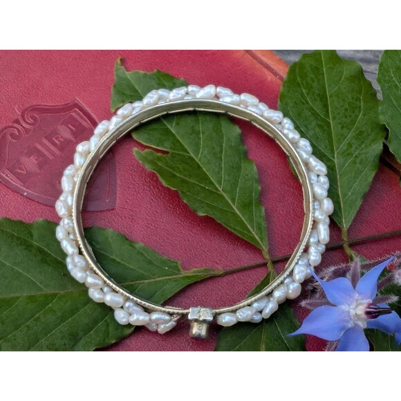 Vintage Gold Vermeil Pearl and Ruby Bangle Bracelet, Sterling Dowry Bracelet - Picture 9 of 10